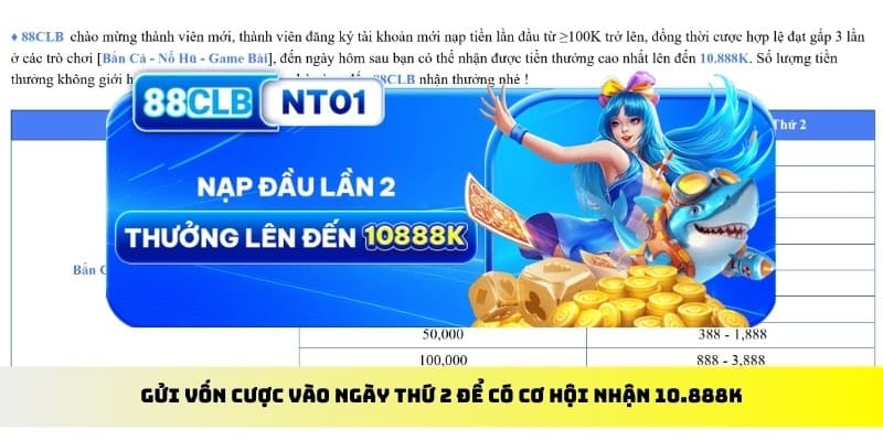 Gửi vốn cược vào ngày thứ 2 để có cơ hội nhận 10.888K