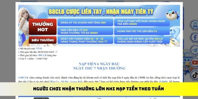 Người chơi nhận thưởng lớn khi nạp tiền theo tuần